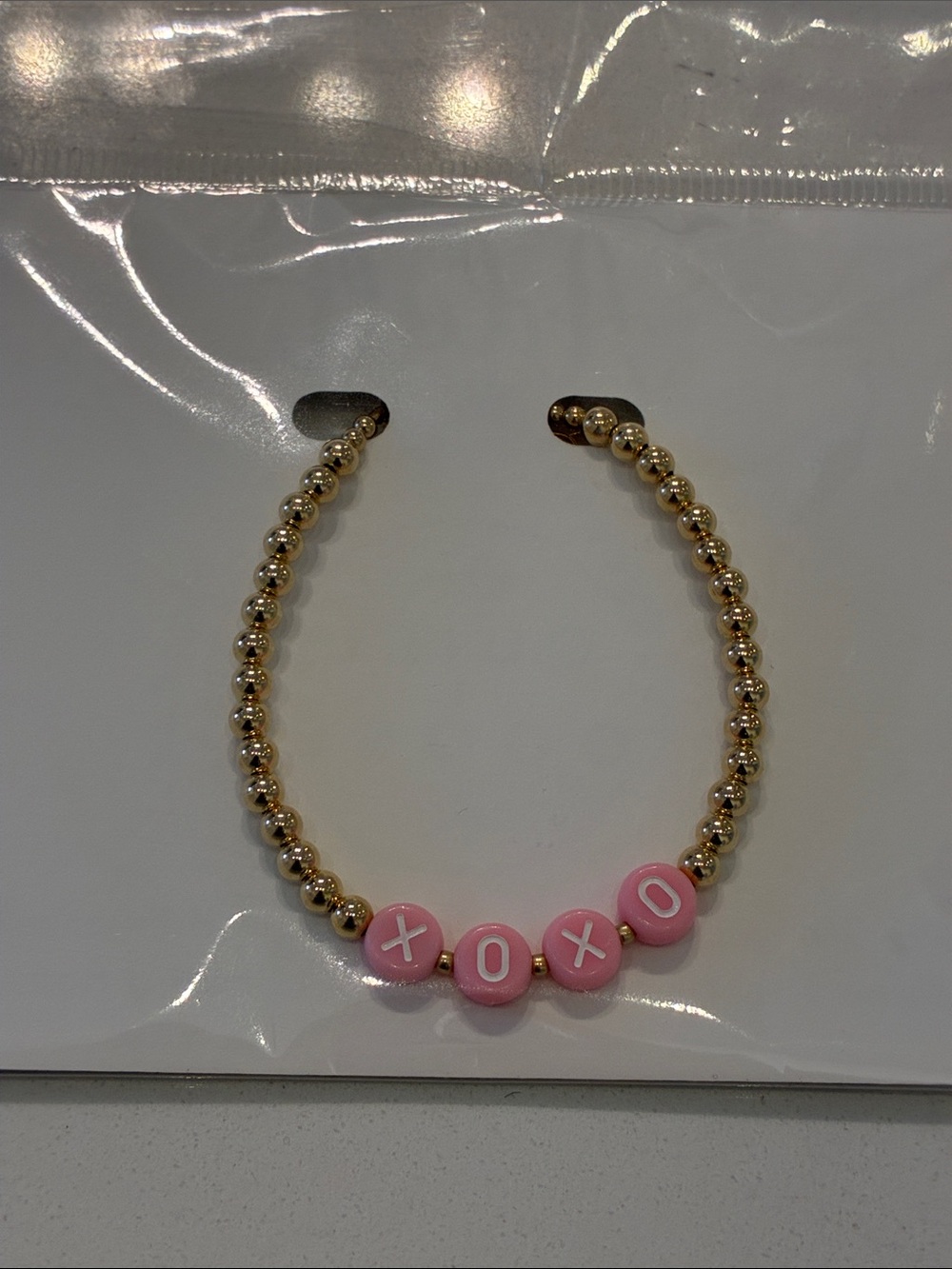 Gold Beaded Hair Bracelet with Pink XOXO Beads